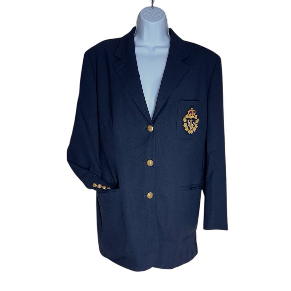 Ralph Lauren Womens Navy Blazer Big Crest Logo Gold Buttons Wool Size 16W 16 VTG